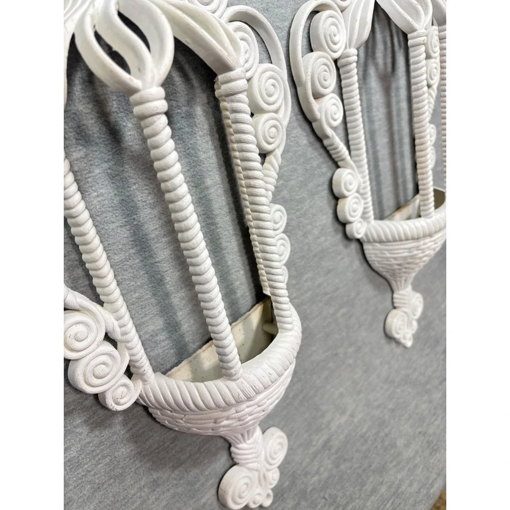 Vintage White Syroco Style Wall Pocket‎ Planter Pair Hollywood Regency Scroll